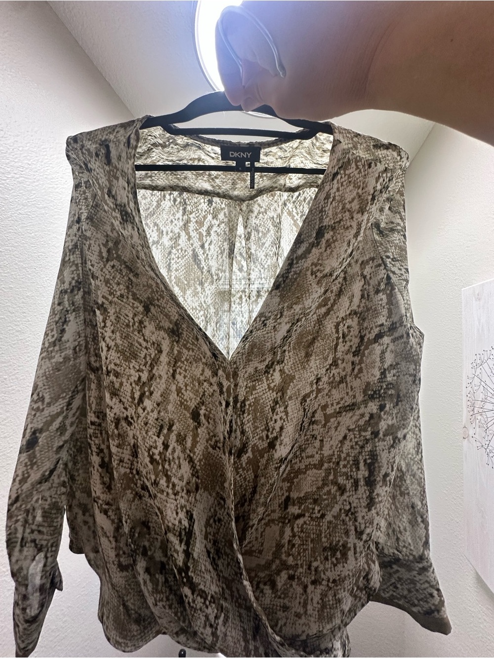 DKNY Neutral Snake-Print V-Neck Blouse. Wore once!